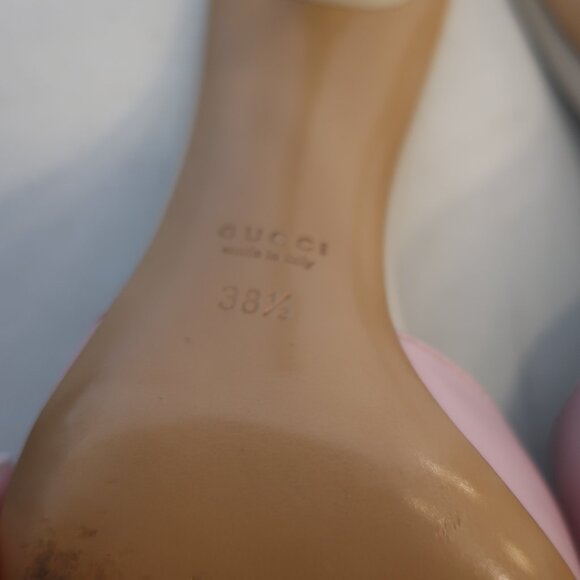 Womens Gucci Pink Stiletto Heel Open Toe Leather Sandal Mule Heels 38.5 US/8.5 - Picture 9 of 11